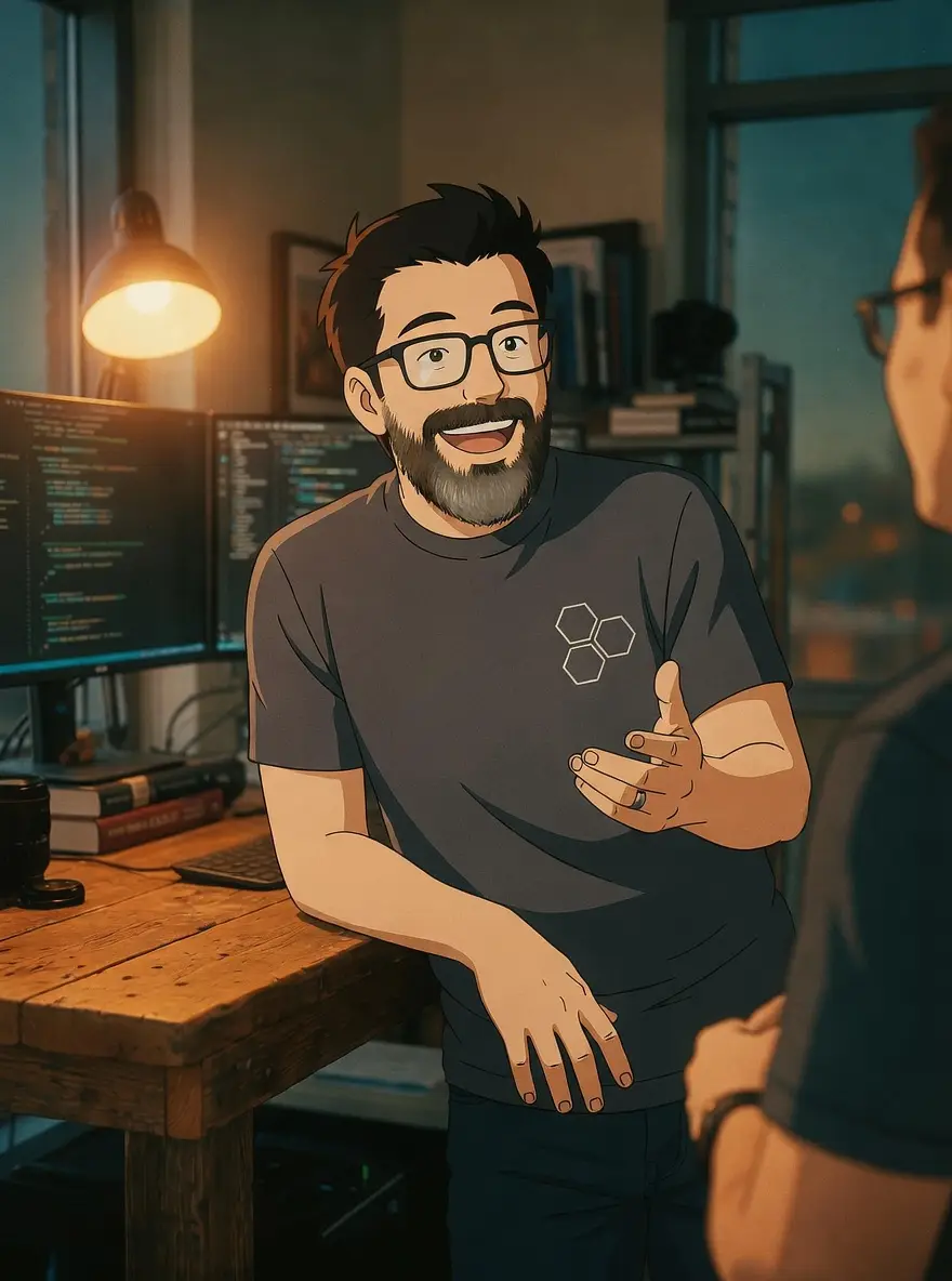 Will, founder of Digital Solution, mid-conversation in his SLO workspace